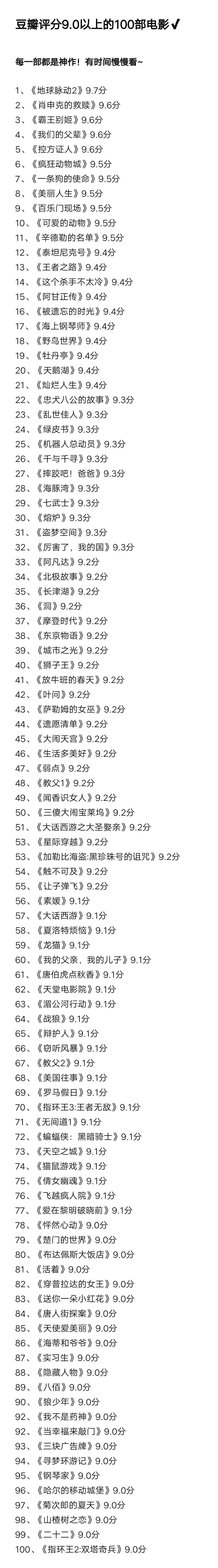 『知文推送』豆瓣评分9.0以上的100部电影 